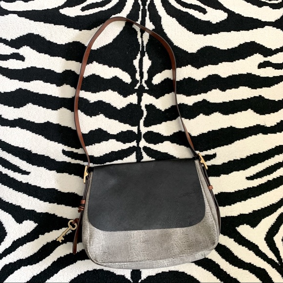 Fossil Harper Large Leather Flap Crossbody Mixed Media Print Minimalist - Picture 4 of 9